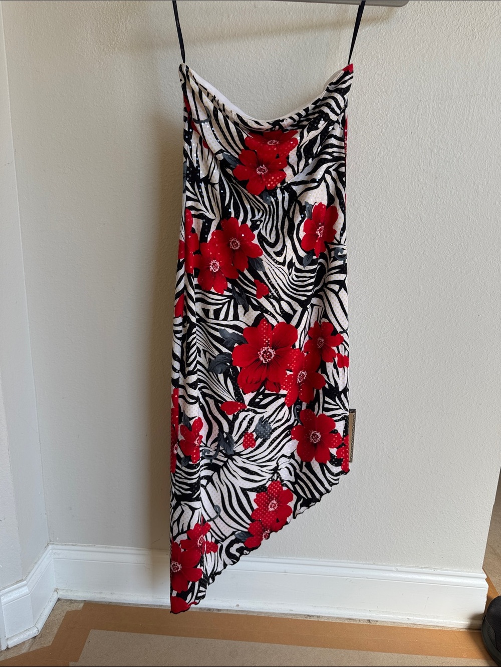 Red Floral Zebra Print Asymmetric Slip dress